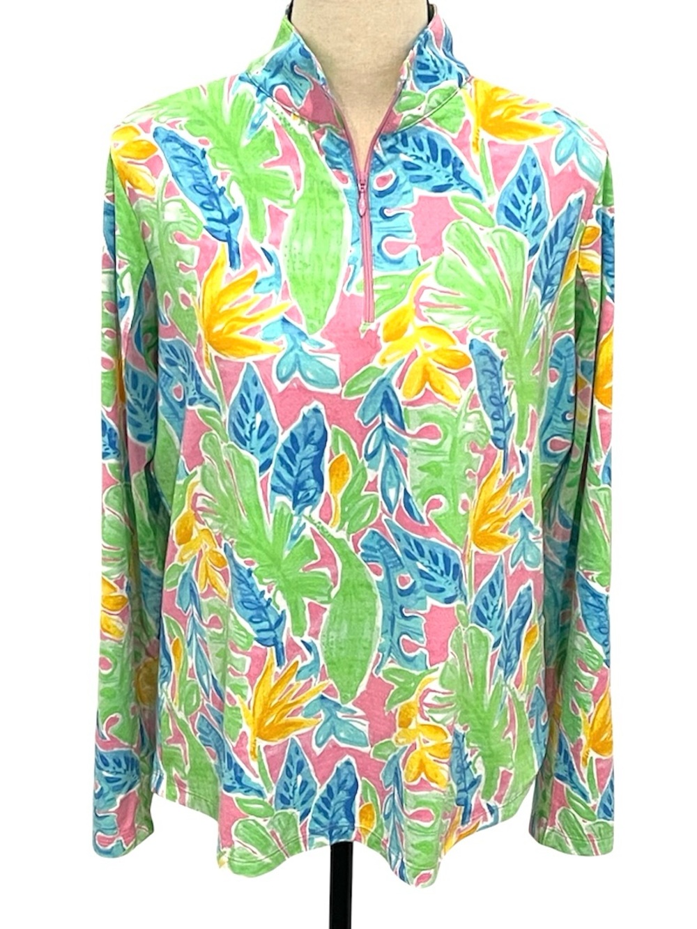 IBKUL | Long Sleeve 1/4 zip mock neck Performance Top Pink Multi Swirl Sz L